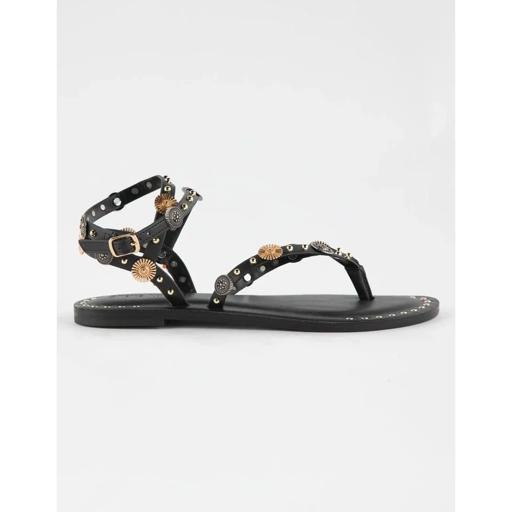 Steve Madden Recent Black Studded Gladiator Sandals Mixed Metal Boho Flat 9.5M